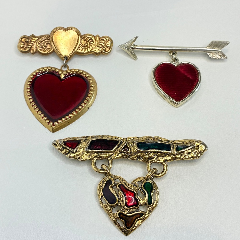 Vintage Brooch Set Heart Arrow Red Enamel Velvet Gold Tone 3 Piece